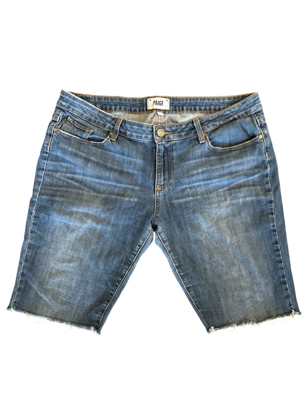 Paige Jimmy Jimmy Skinny Bermuda Short Blue Jean Greta Wash Frayed Hem ‎ Size 32